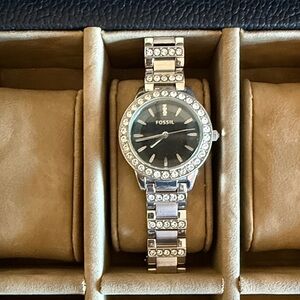 Fossil Women's Black and Silver Watch with Crystal Details
